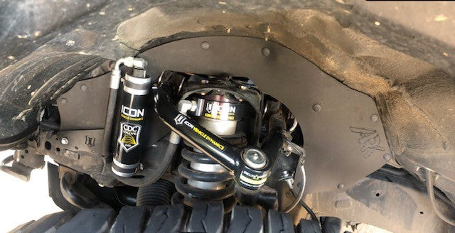 2007-2021 toyota tundra after having ark splash guards installed showing added protection around and behind the suspension coving up what was once exposed and had exposed components